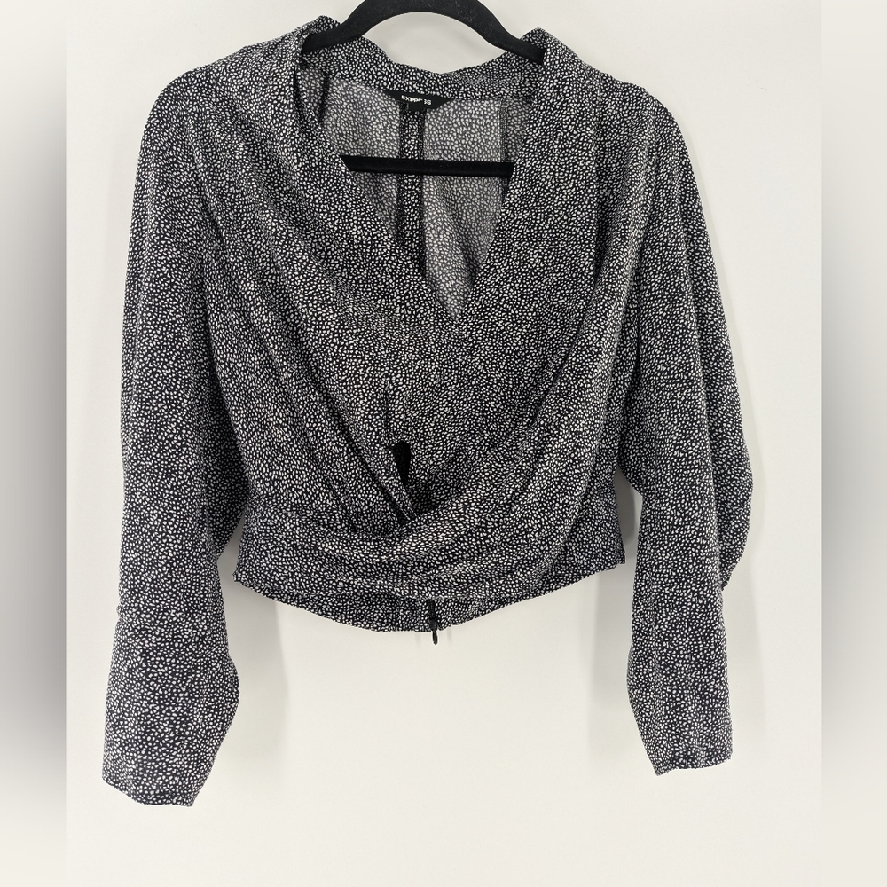 Express Speckled Dot Surplice Twist Front Cropped Blouse Top Small Minimalist